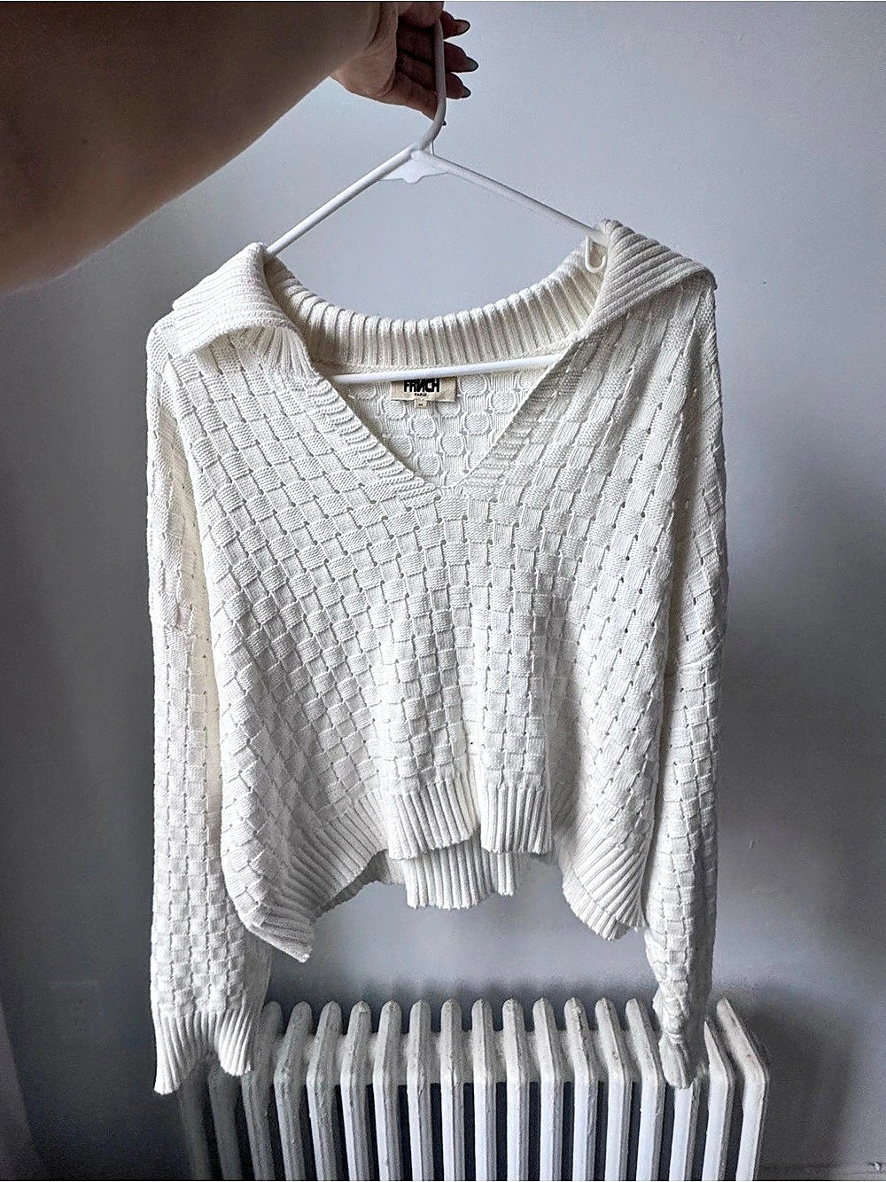 FRNCH Polo Textured V-Neck Sweater White Medium